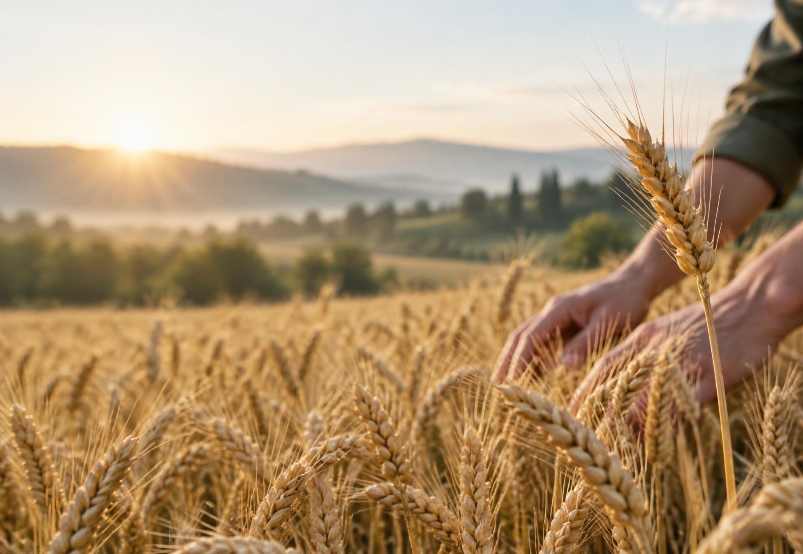 Mani che sfiorano un campo di grano al mattino